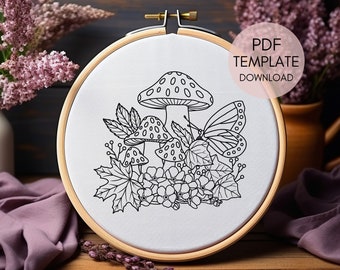 Mushroom Embroidery Design Pattern, Mushroom Hand Embroidery Digital Download Template, Floral Cottagecore Embroidery Pattern for Beginners