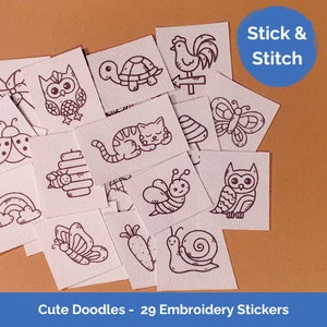 Stick, Stitch and Wash Away, 29pcs Mini Cute Doodle Designs DIY Hand Embroidery Design Water Soluble Sticker Transfer Kit