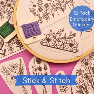 Stick, Stitch and Wash Away, 12pcs Floral Designs DIY Hand Embroidery Design Stick and Stitch ...