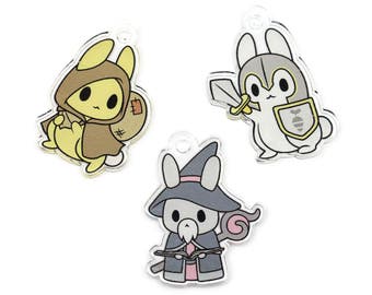 1 Inch Clear Acrylic Thief, Wizard, and Warrior D&D Inspired Bunny Keychains / Cell phone Charms (Limited Edition)