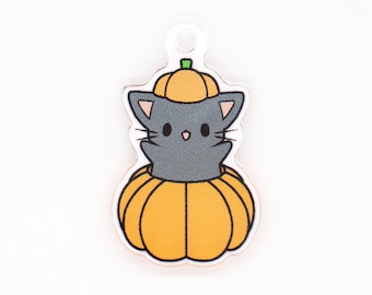 1 Inch Clear Acrylic Halloween Pumpkin Black Cat Keychain / Cell Phone Charm