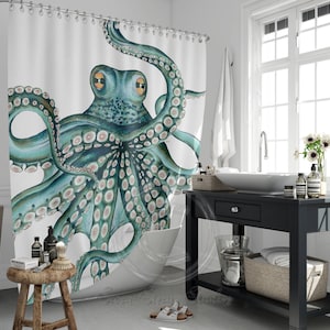 Teal Octopus Shower Curtain: Nautical Kraken Watercolor Art