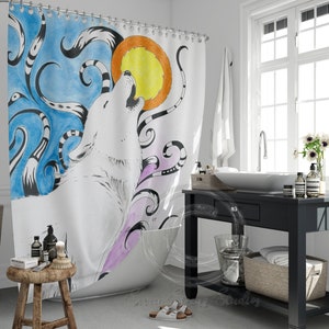 Arctic Wolf Howling Moon Doodle Ink Watercolor Shower Curtain