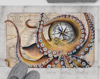 Brown Octopus Vintage Map Compass  Bath Mat
