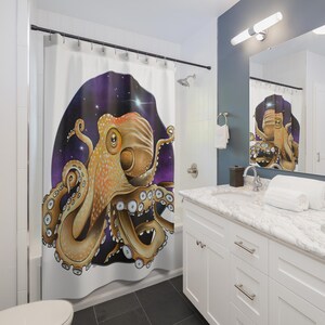 May include: A shower curtain featuring a colorful illustration of an octopus with its tentacles reaching out against a purple and black galaxy background.