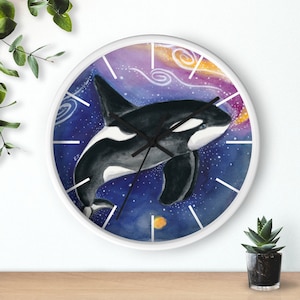 Orca Whale Galaxy Watercolor Wall clock