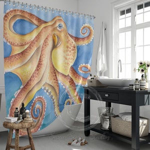 Dancing Octopus Red Brown Watercolor Art Shower Curtains