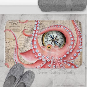 Red Octopus Vintage Map Compass  Bath Mat