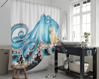Blue Octopus Tentacles White Ink Art  Shower Curtain