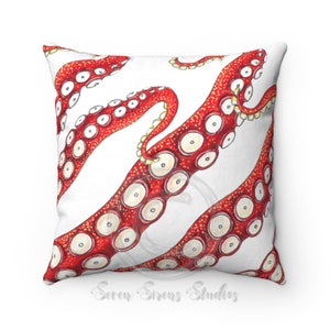 Red Kraken Octopus Tentacles White Ink White Pillow