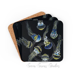 Jellyfish Medusa Gold Blue Art Corkwood Coaster Set