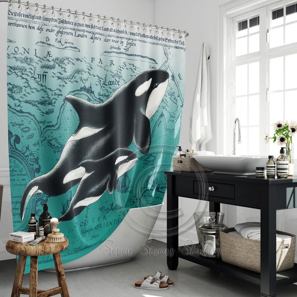 Orca Whales Teal Vintage Map Shower Curtain