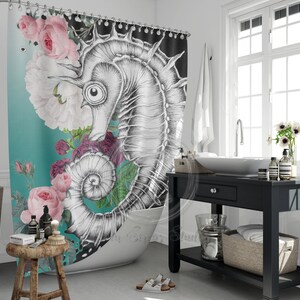 Seahorse Vintage Pink Roses Aqua Shower Curtains
