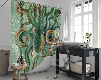 Green Octopus Vintage Map Watercolor Art Shower Curtain