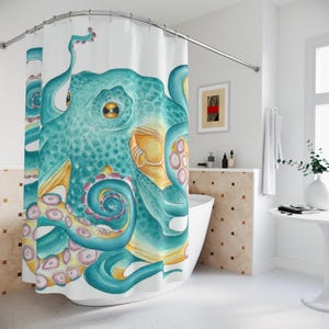 Teal Octopus Watercolor Shower Curtain: Funky Ocean Bathroom Decor