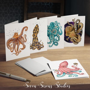 Octopus Art Greeting Cards: Marine Life Note Cards (5-Pack)