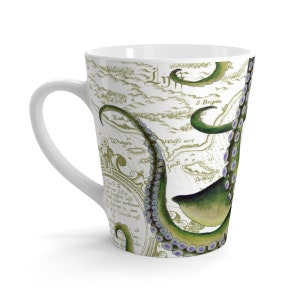 Green Octopus Vintage Map White Latte Mug