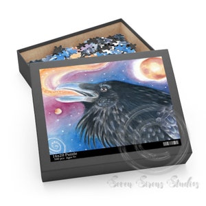 Raven Galaxy Stars Cosmic Sun Purple Fantasy Ink Watercolor Art Puzzle (120, 252, 500-Piece)