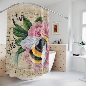 Save Our Bees Shower Curtain: Vintage Music Sheet Floral Bathroom Decor