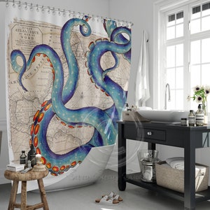 Blue Tentacles Octopus Beige Map Shower Curtain