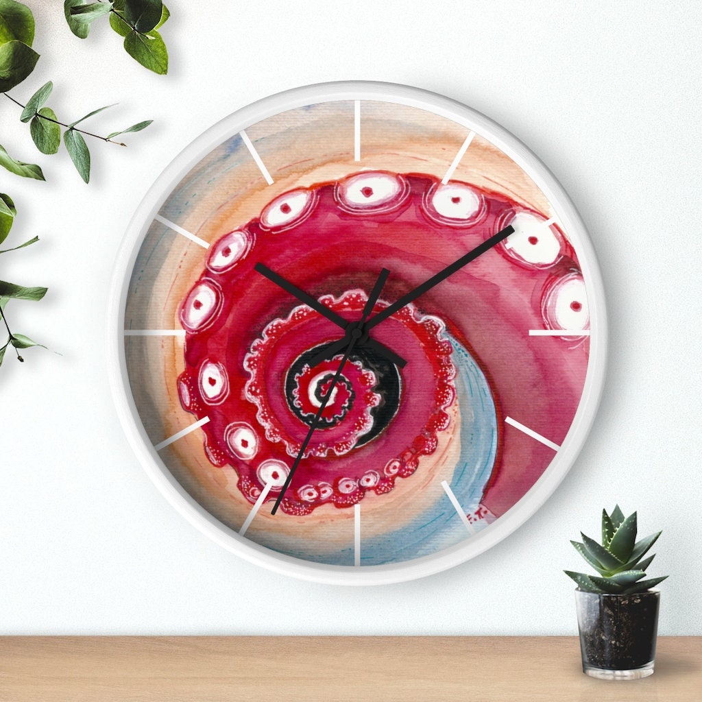Seven Sirens Studios Red Tentacle Octopus Watercolor Wall clock