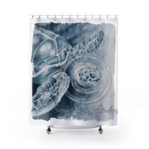 Sea Turtle Watercolor Art Blue Brushed Edge Shower Curtain