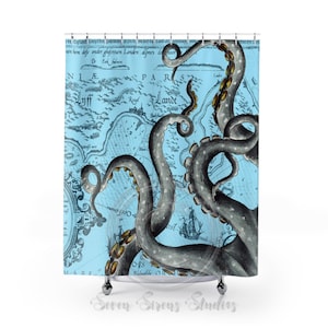 Octopus Shower Curtain: Vintage Map Nautical Bathroom Decor