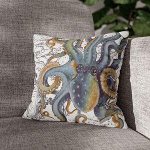 Octopus Steel Blue Vintage Map Light Watercolor Art Spun Polyester Square Pillow Case