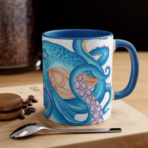 Blue Octopus Tentacles Watercolor on White Art Accent Coffee Mug, 11oz