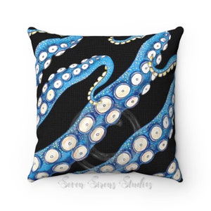 Blue Kraken Octopus Tentacles Black Ink White Pillow