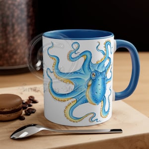 Blue Octopus Kraken Tentacles Nautical Marine Aquatic Original Ink Art Accent Coffee Mug, 11oz