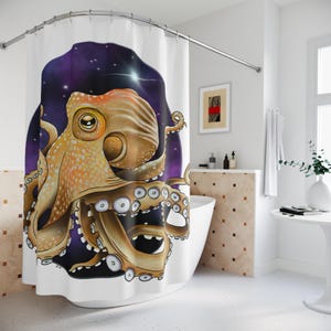 May include: A shower curtain featuring a colorful illustration of an octopus with a galaxy background. The octopus is brown with white spots and has large, round eyes. The galaxy background is purple with white stars.