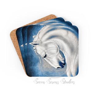 Horse Spanish PRE Lusitano Stallion Romantic Blue Equine Original Fine Art Corkwood Coaster Set