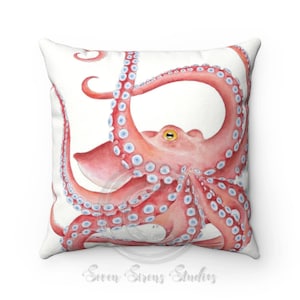 Red Octopus Watercolor Art Warm White Background Square Pillow