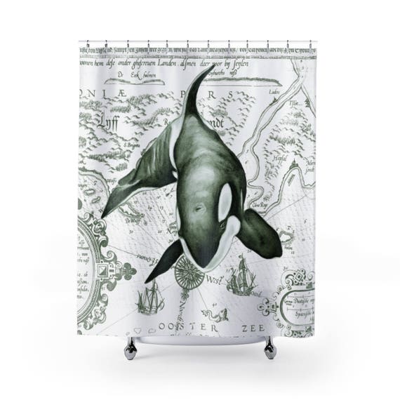 Orca Whale Vintage Green Map Art Shower Curtain Etsy