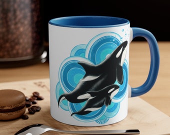 Orca Killer Whale Blau Kreise Tinte Akzent Kaffeetasse, 11 Unze