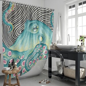 Funky Octopus Watercolor Ink Shower Curtain