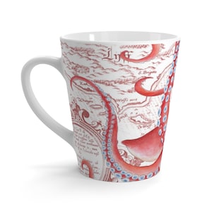 Red Octopus Vintage Map White Latte mug
