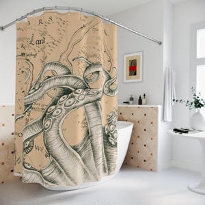 White Octopus Tentacles Kraken Beige Vintage Map Shower Curtains
