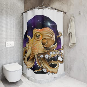 May include: A shower curtain featuring a colorful illustration of an octopus with a galaxy background. The octopus has a light brown body with white spots and a purple and blue galaxy background.