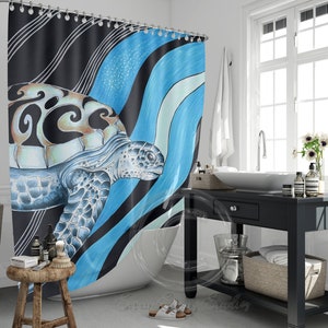 Sea Turtle Surf Hipster Blue Ink Shower Curtain