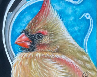 Northern Cardinal Female Bird Original Watercolor Art Painting on Panel Wildlife Realistic Fine Art One of a kind