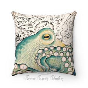 Green Octopus Vintage Chic Square Pillow