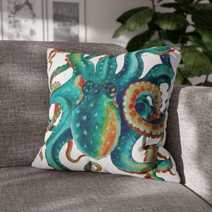 Octopus Teal Watercolor Art Spun Polyester Square Pillow Case