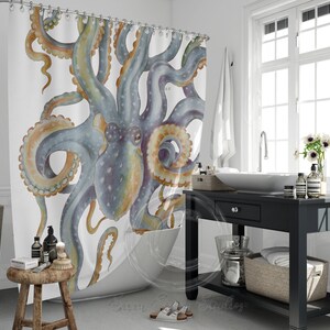 Steel Blue Octopus Tentacles Watercolor Art Shower Curtains