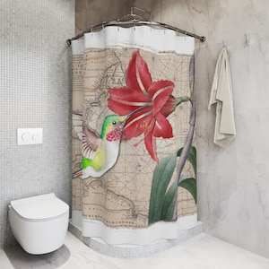 Shower Curtain Hummingbird Amaryllis Watercolor Art Vintage Map French Shabby Chic Coastal Beach Romantic Antique, Bathroom Decor, Home
