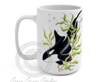 Orca Wal Kelp Forest Ink Kunst Becher 15oz