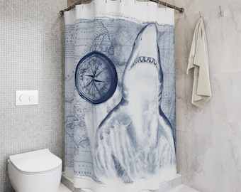 Shark Breaching Shower Curtain: Vintage Map, Coastal Bathroom Decor
