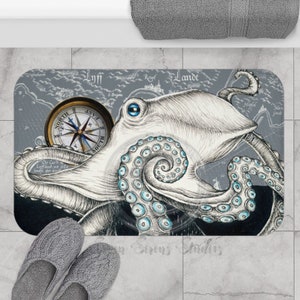 White Octopus Compass Grey Ink Bath Mat