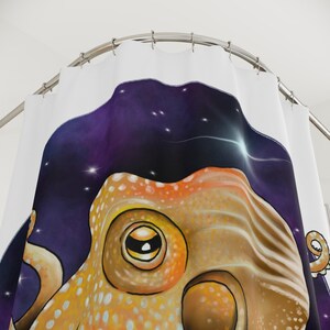 May include: A shower curtain featuring a colorful illustration of an octopus against a dark purple and blue galaxy background with white stars.